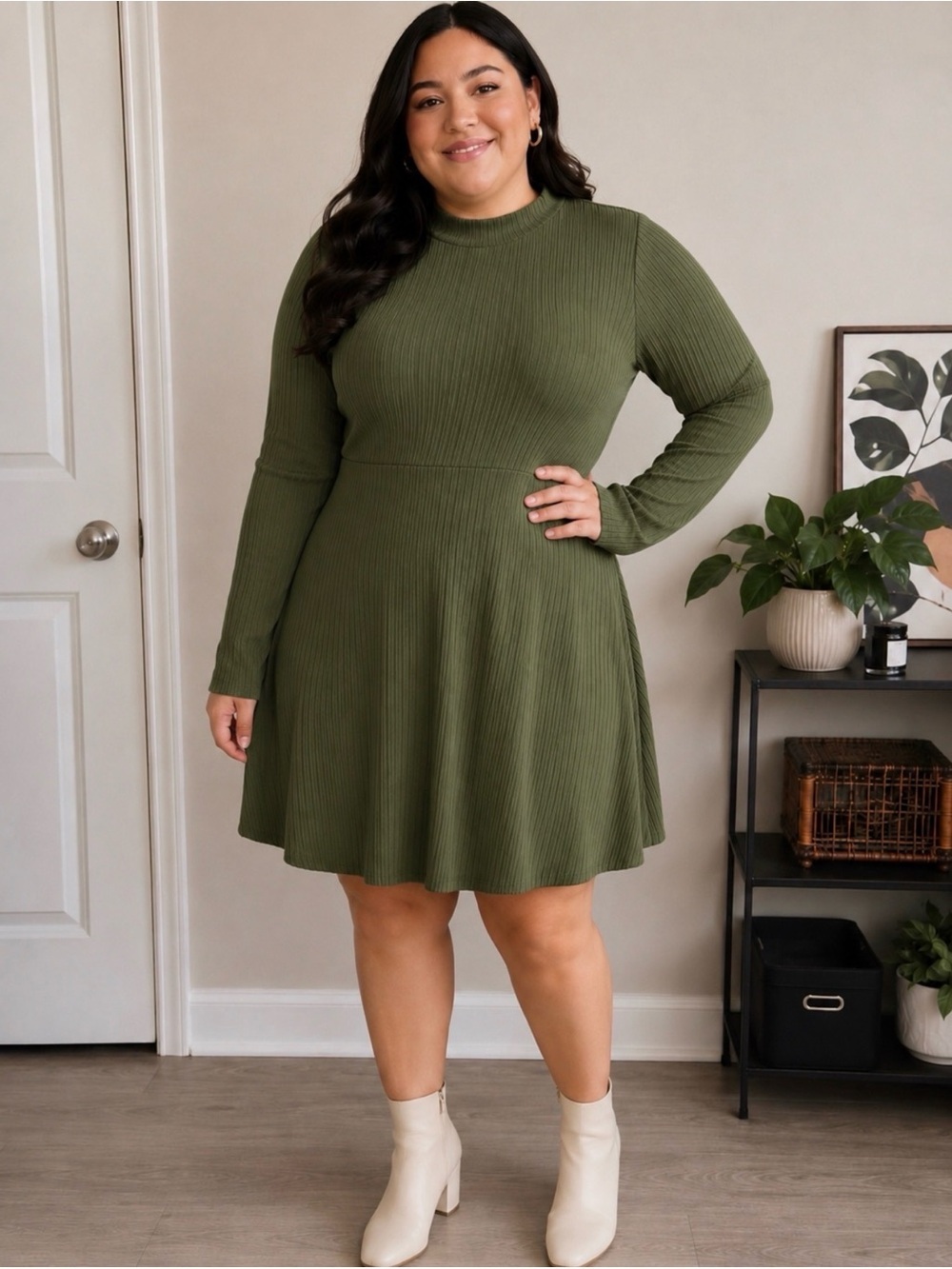 Boohoo Olive Ribbed Mock Neck Tunic Top